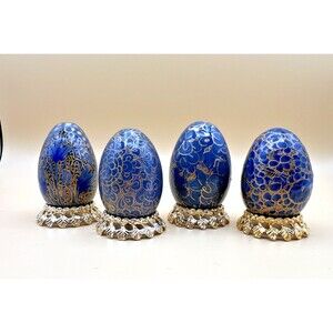 Lot Of 4 Painted Wooden Eggs Blue And Gold With Metal Stands